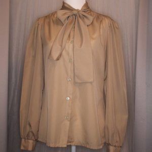 Judy Bond taupe tie blouse
